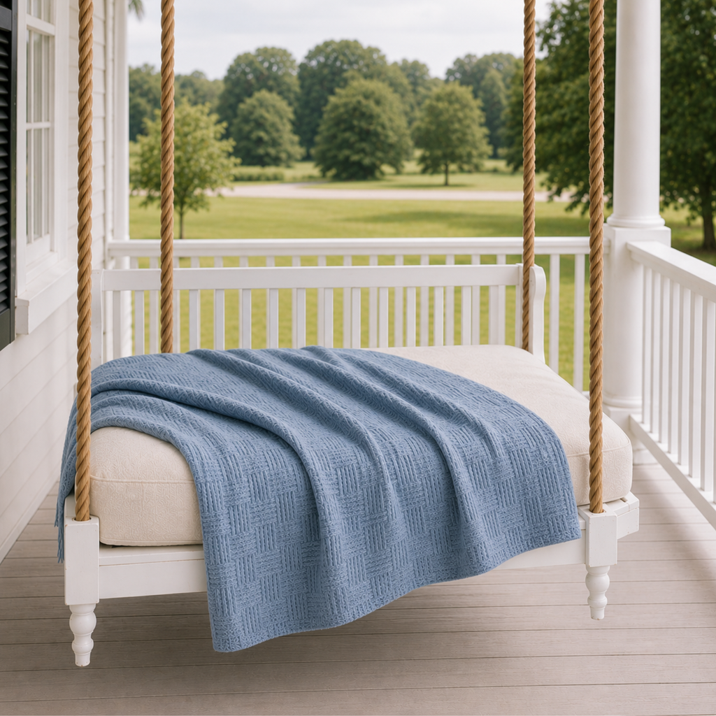 Dusty Blue Waffle Cotton Throw Blanket for Couch and Bed
