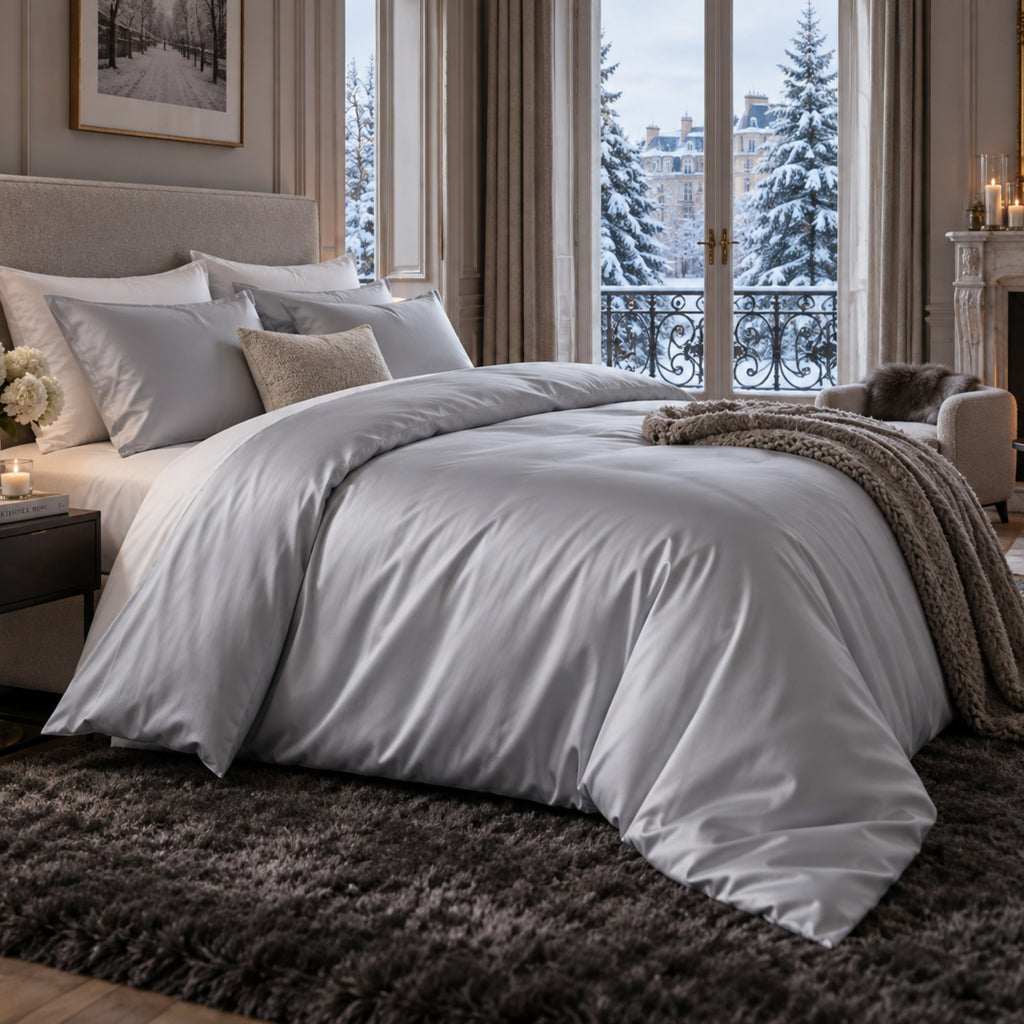 Soft grey 100% mulberry silk duvet laid over a bed, paired with various pillow sizes and a faux fur throw.