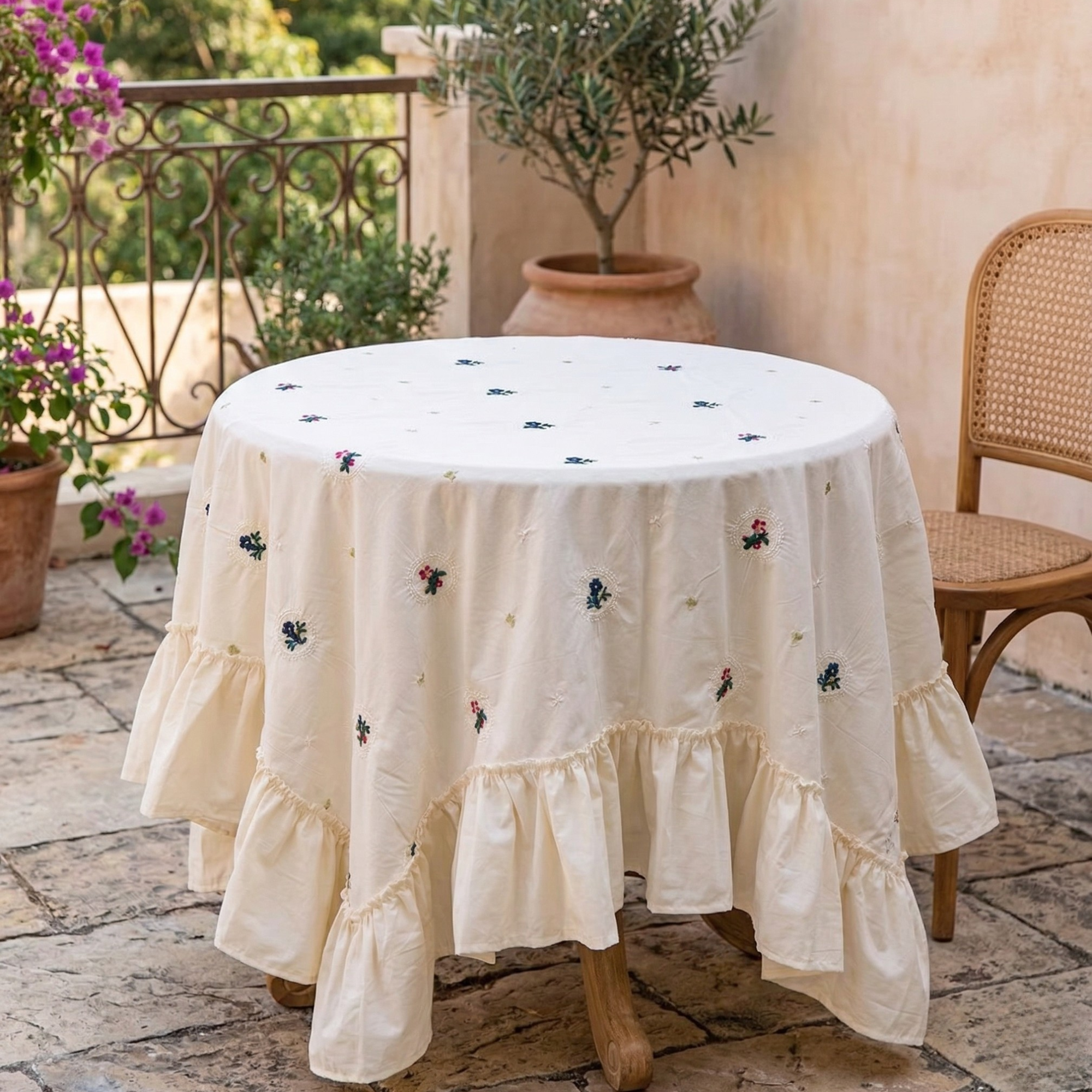 Embroidered Cotton Tablecloth with Ruffle – Romantic French Style Ivory Table Linen