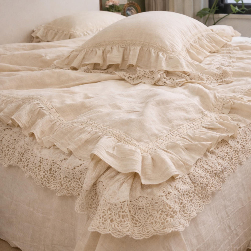 Milk Beige Cotton Linen Ruffle Bedding Set, French Farmhouse Lace Duvet Cover