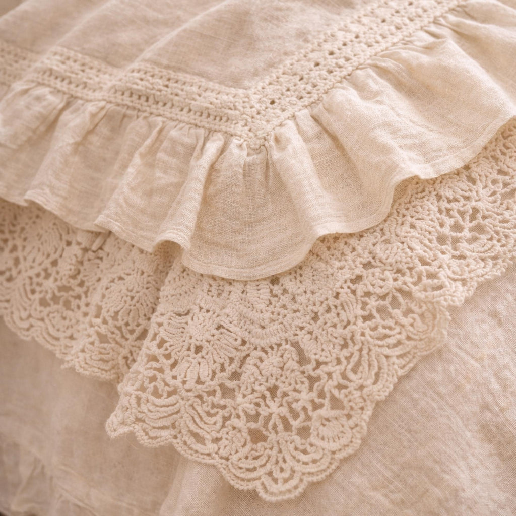 Milk Beige Cotton Linen Ruffle Bedding Set, French Farmhouse Lace Duvet Cover