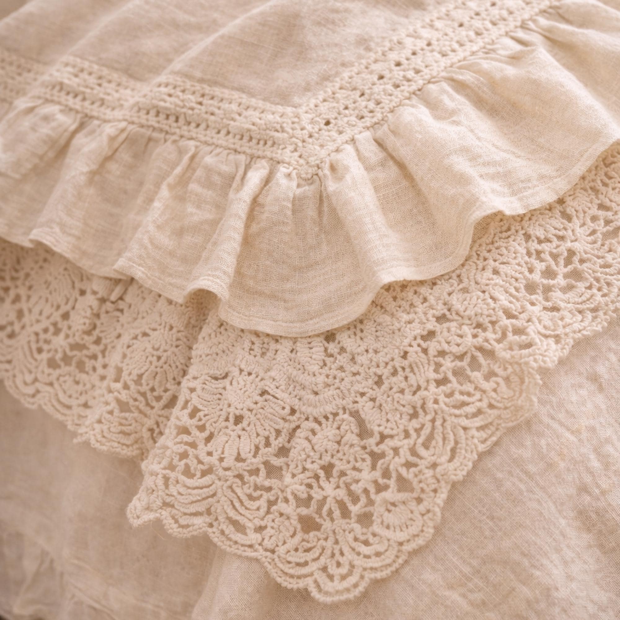Milk Beige Cotton Linen Ruffle Bedding Set, French Farmhouse Lace Duvet Cover