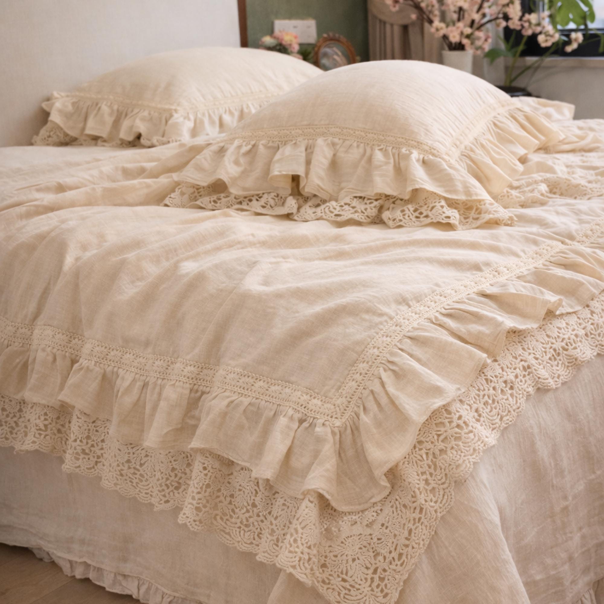 Milk Beige Cotton Linen Ruffle Bedding Set, French Farmhouse Lace Duvet Cover