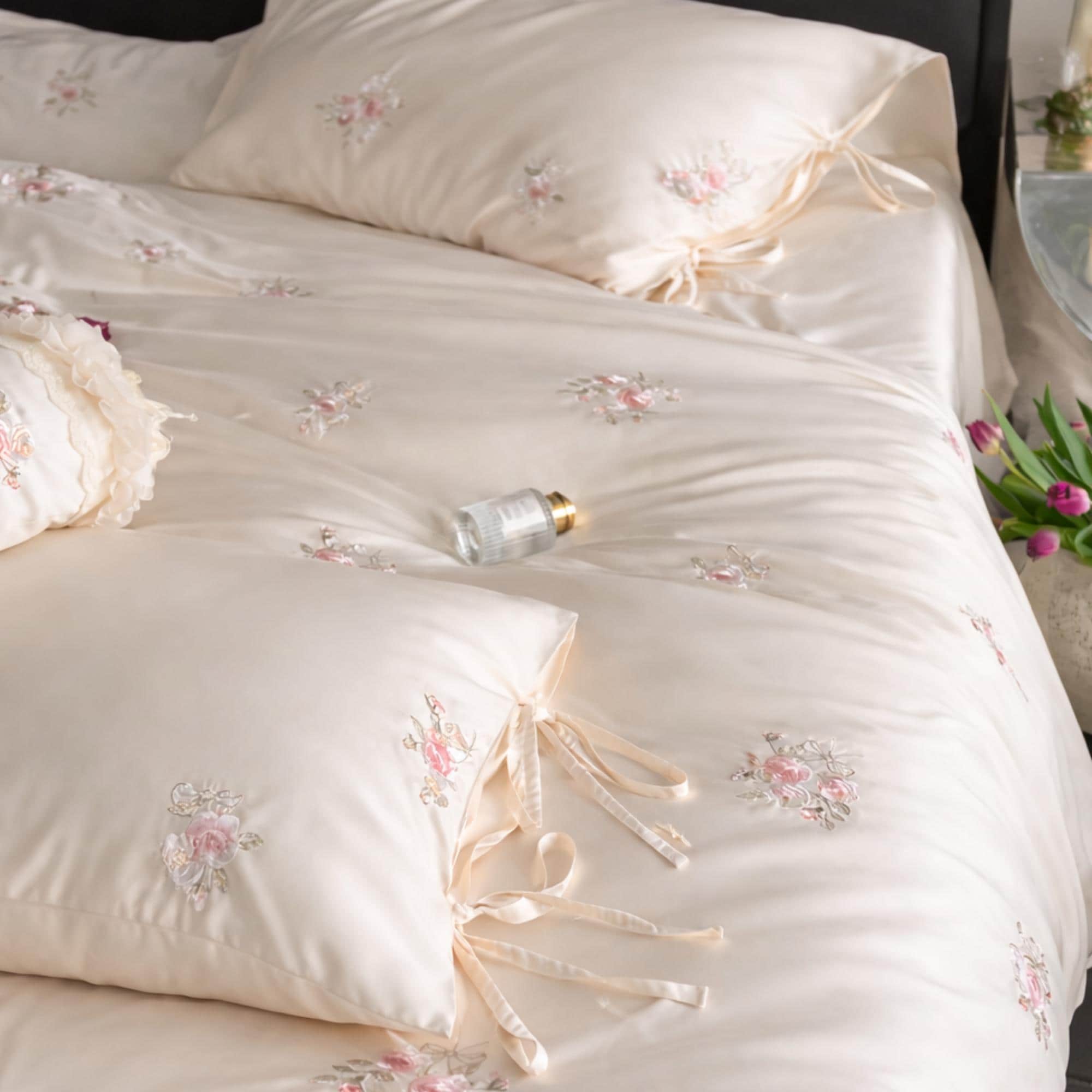 Rose Embroidery Cotton Bedding Set – Cream Floral Duvet Cover
