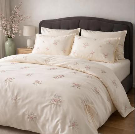 Rose Embroidery Cotton Bedding Set – Cream Floral Duvet Cover