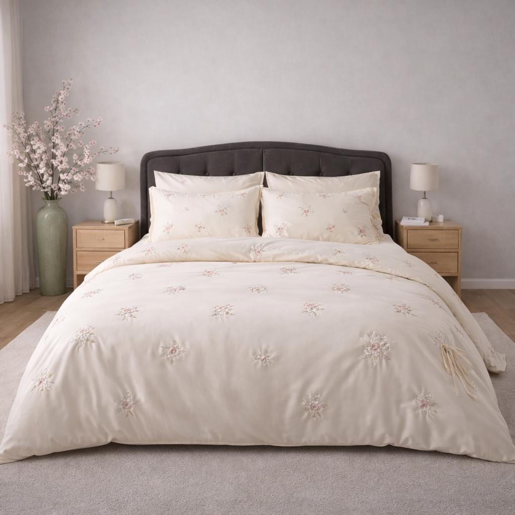 Rose Embroidery Cotton Bedding Set – Cream Floral Duvet Cover