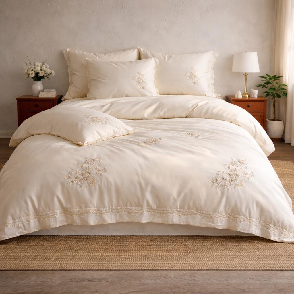 Blush White Bedding Set – Embroidered Sakura Floral Duvet Cover