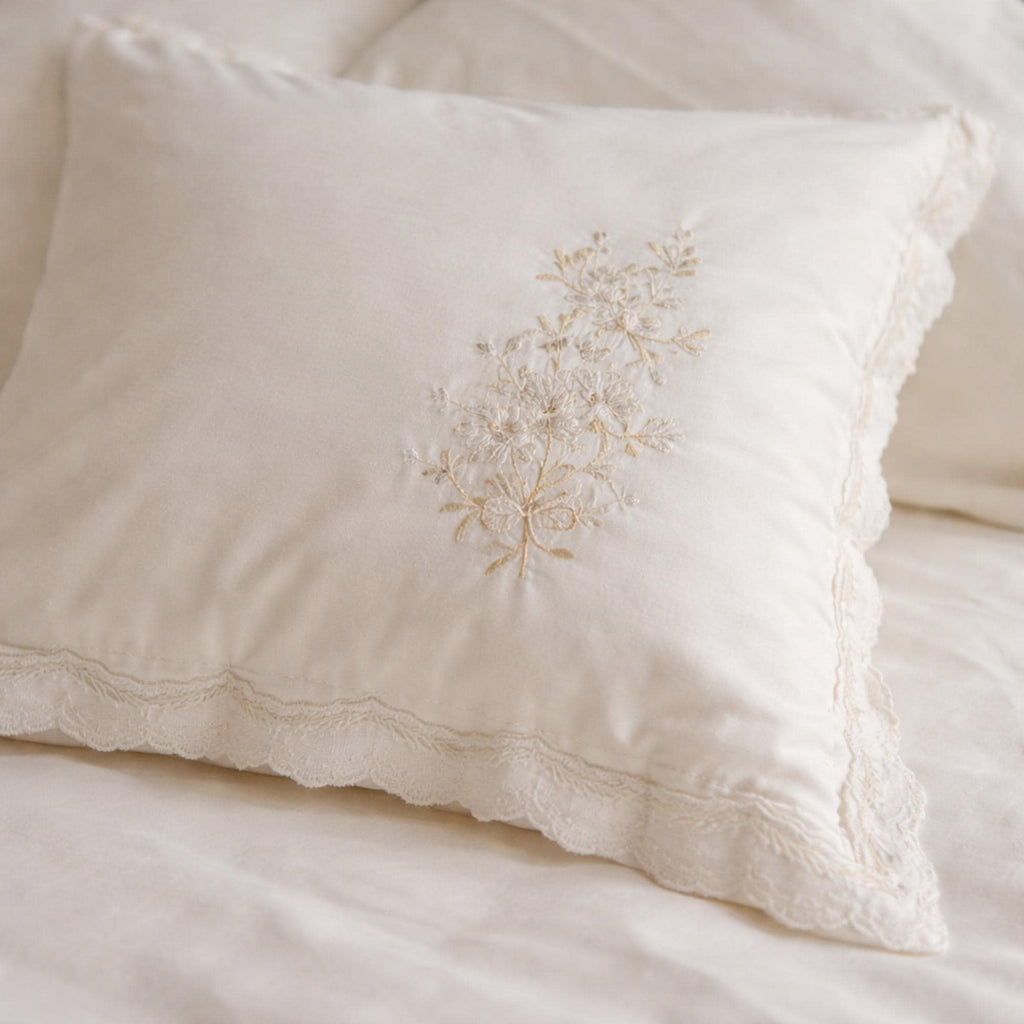 Blush White Bedding Set – Embroidered Sakura Floral Duvet Cover
