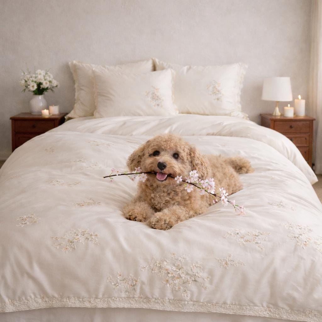 Blush White Bedding Set – Embroidered Sakura Floral Duvet Cover