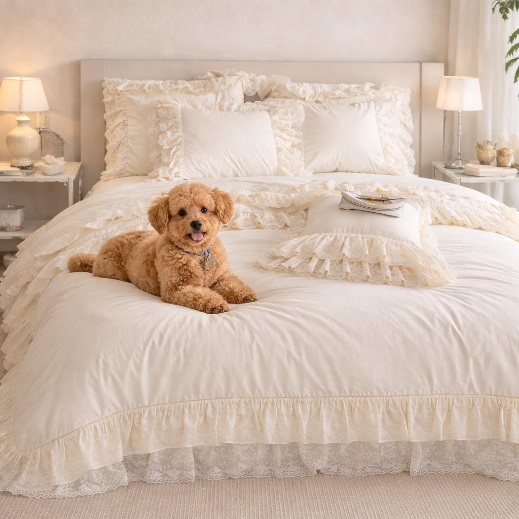 Milk White Cotton Ruffled Bedding Set, French Farmhouse Style