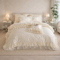 Milk White Cotton Ruffled Bedding Set, French Farmhouse Style