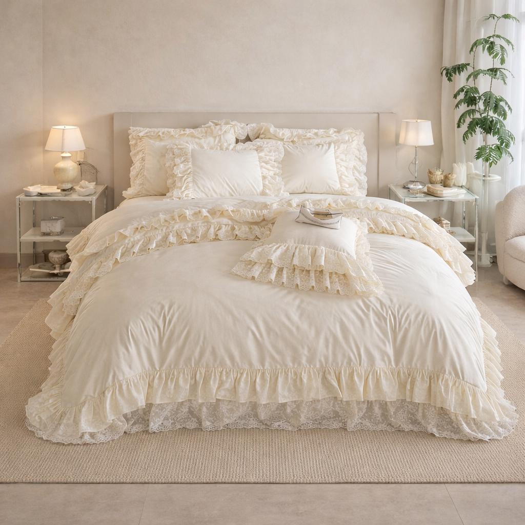 Milk White Cotton Ruffled Bedding Set, French Farmhouse Style