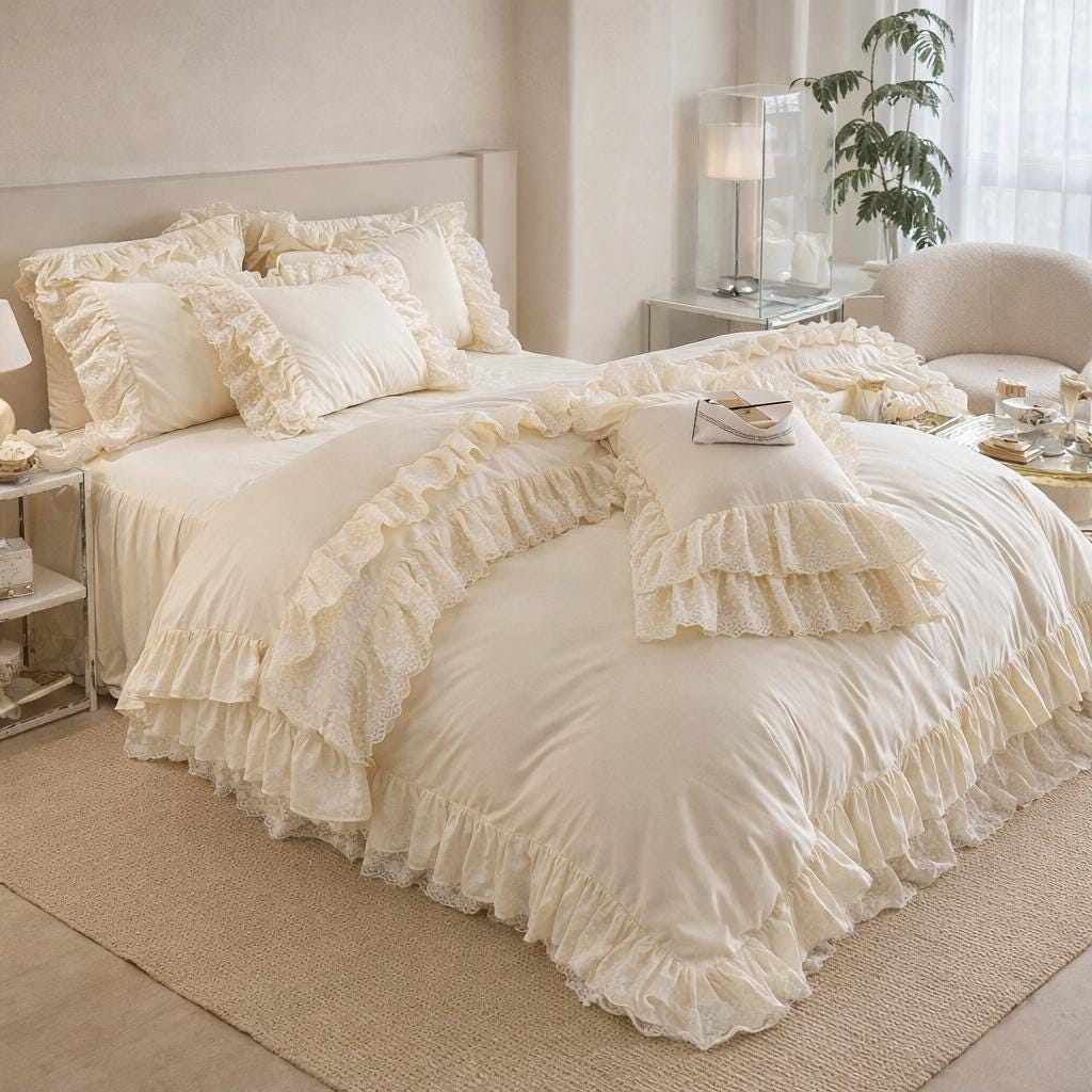 Milk White Cotton Ruffled Bedding Set, French Farmhouse Style