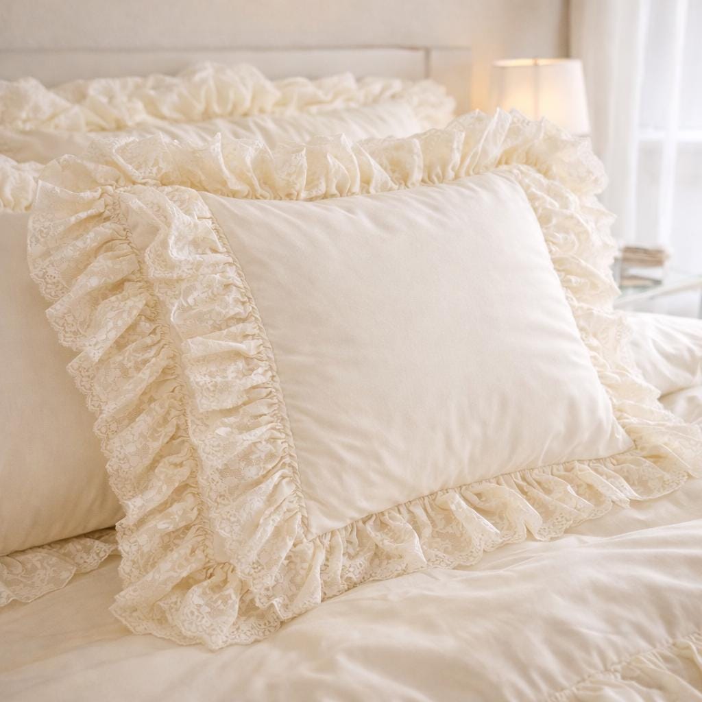 Milk White Cotton Ruffled Bedding Set, French Farmhouse Style