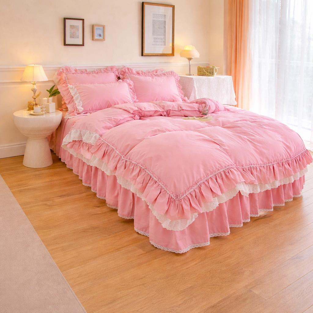 Milk White Cotton Ruffled Bedding Set, French Farmhouse Style