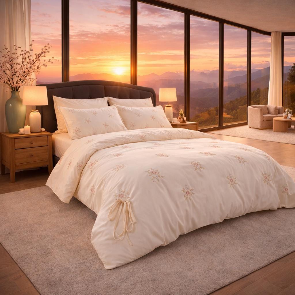 Rose Embroidery Cotton Bedding Set – Cream Floral Duvet Cover