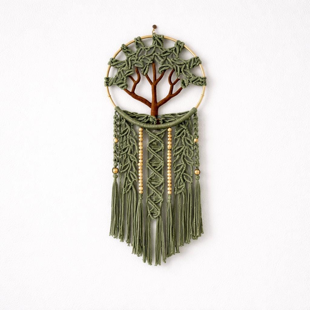 Macrame Tree of Life Wall Hanging – Boho Green Woven Tapestry, Handmade Fiber Wall Decor