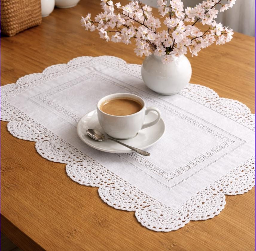 Linen Table Runner, Vintage Crochet Lace Trim, Rustic Farmhouse Decor