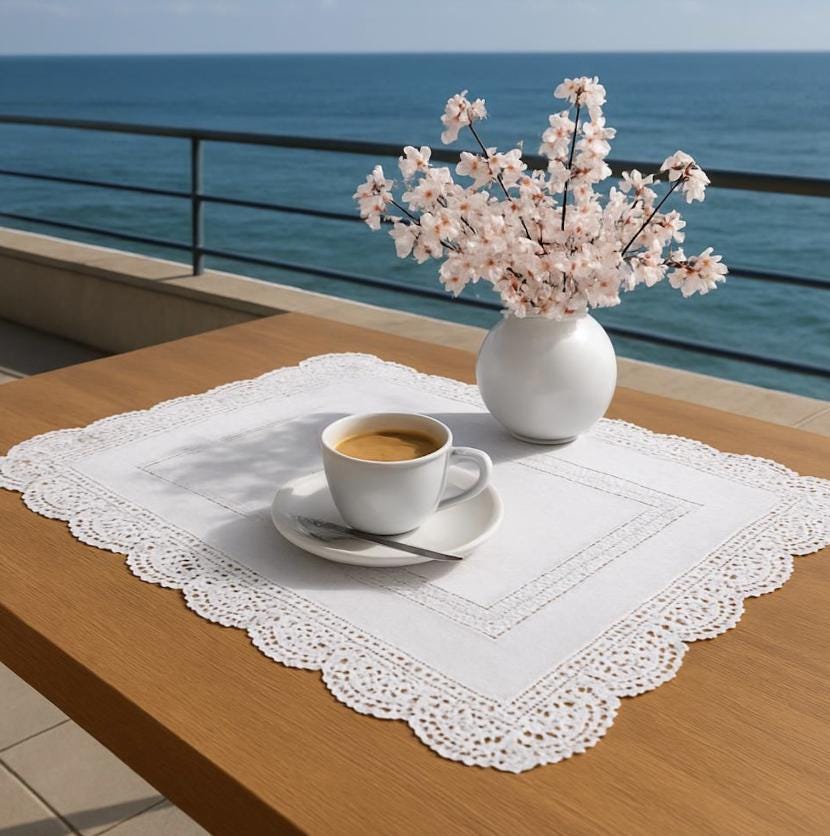 Linen Table Runner, Vintage Crochet Lace Trim, Rustic Farmhouse Decor