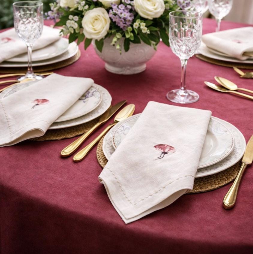 Embroidered Linen Napkins, Ivory Floral Design, French Country Decor, Set of 2