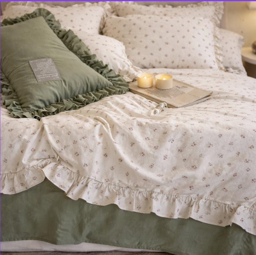 Double Gauze Muslin Ruffled Bedding set, Vintage Floral Cotton Bed Linen