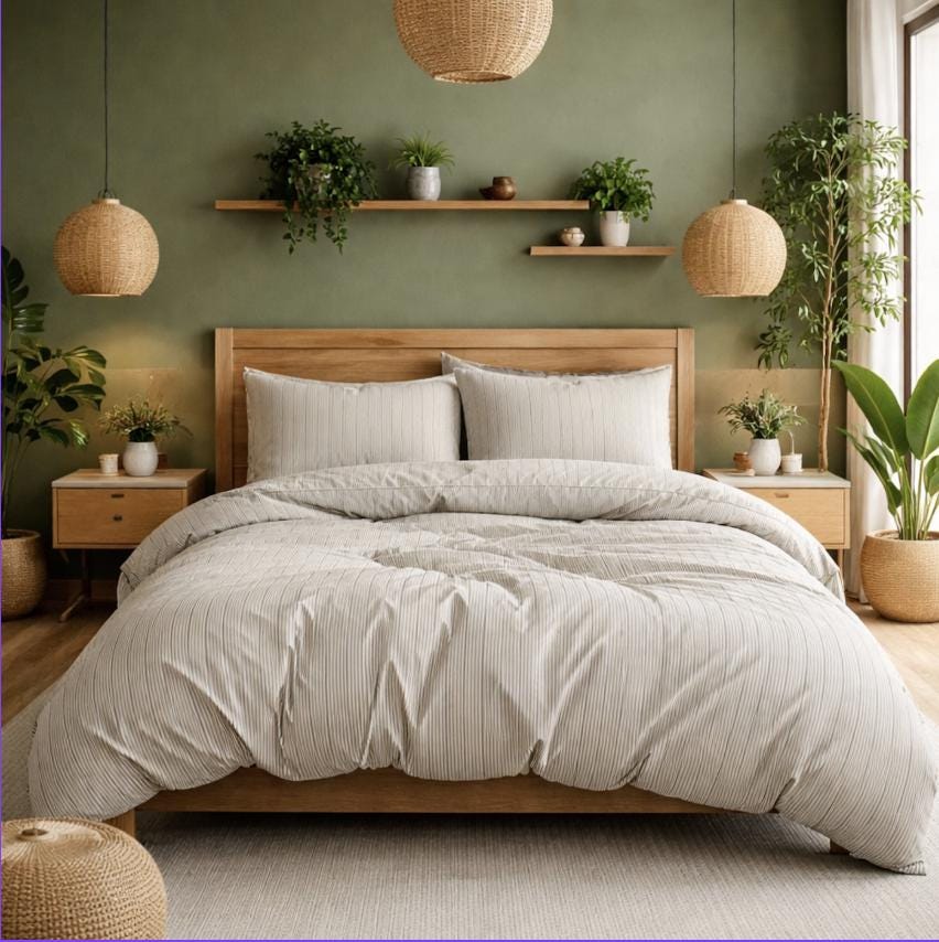 Warm Beige Striped Cotton Bedding Set/ Minimalist Pinstripe Duvet Cover Set/ Modern Neutral Bed Linen