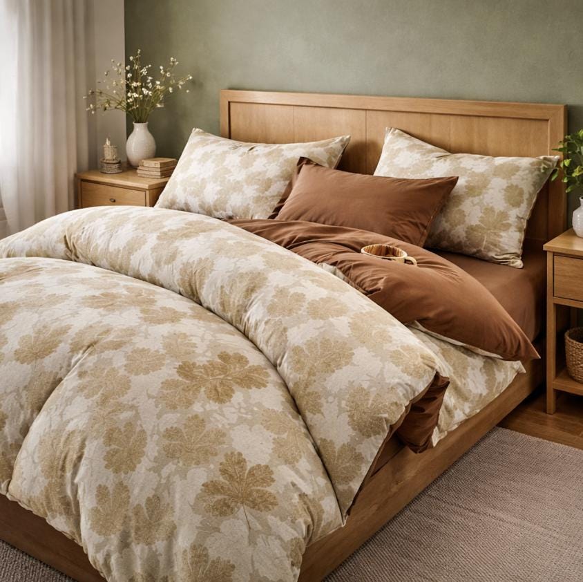 Brushed Cotton Duvet Cover Set: Brown Botanical Leaf Print