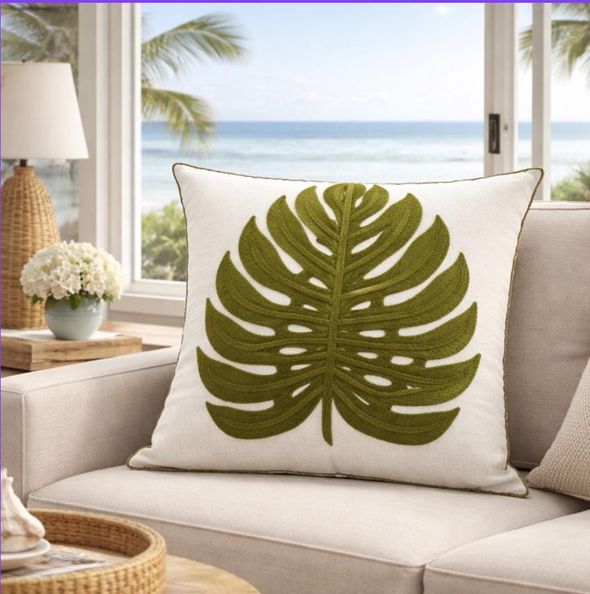 Embroidered Linen Look Pillow Cover- Botanical Cushion Case 45/45cm/Textured Neutral Decor/ Sofa Accent Pillow