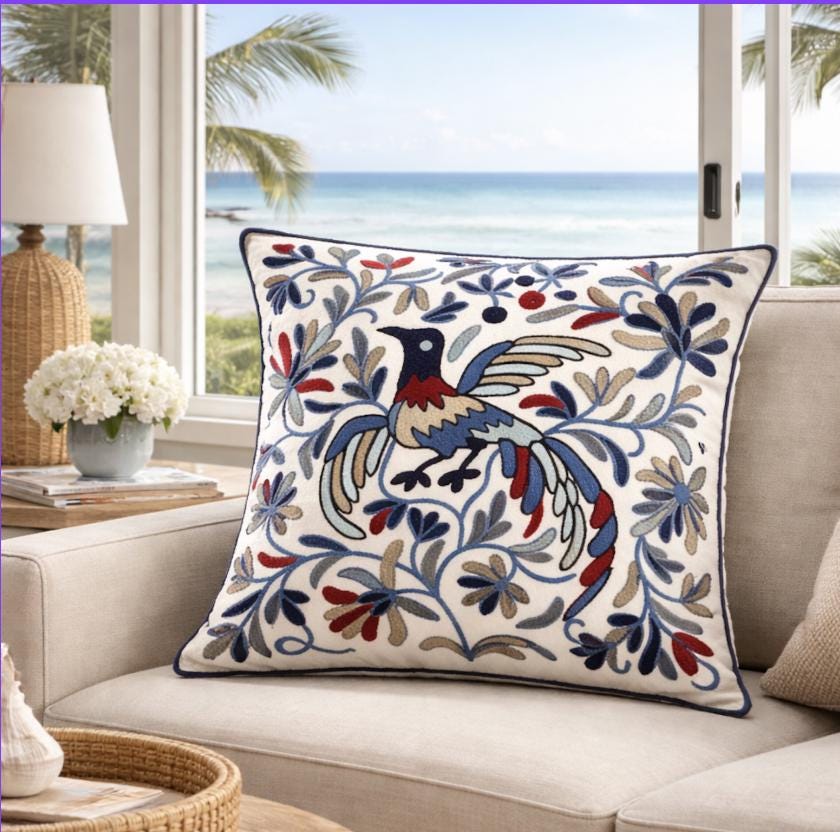 Embroidered Linen Look Pillow Cover- Botanical Cushion Case 45/45cm/Textured Neutral Decor/ Sofa Accent Pillow