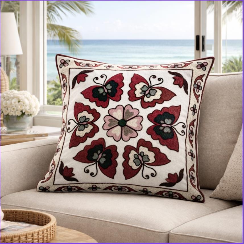 Embroidered Linen Look Pillow Cover- Botanical Cushion Case 45/45cm/Textured Neutral Decor/ Sofa Accent Pillow