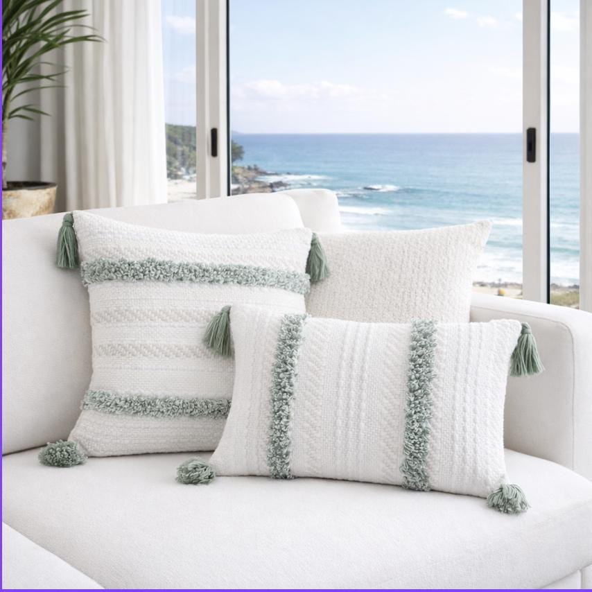Neutral Linen Cotton Pillow Cover with Sage Green Tufted Stripes Tassels/ Textured Boho Cushion/ Modern Coastal Decor