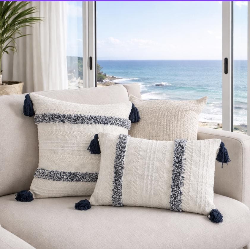 Neutral Linen Cotton Pillow Cover with Sage Green Tufted Stripes Tassels/ Textured Boho Cushion/ Modern Coastal Decor