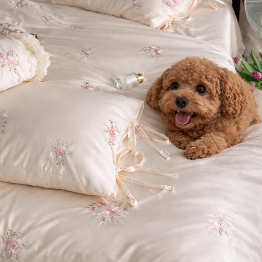 Rose Embroidery Cotton Bedding Set – Cream Floral Duvet Cover