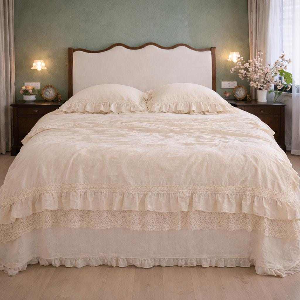 Milk Beige Cotton Linen Ruffle Bedding Set, French Farmhouse Lace Duvet Cover