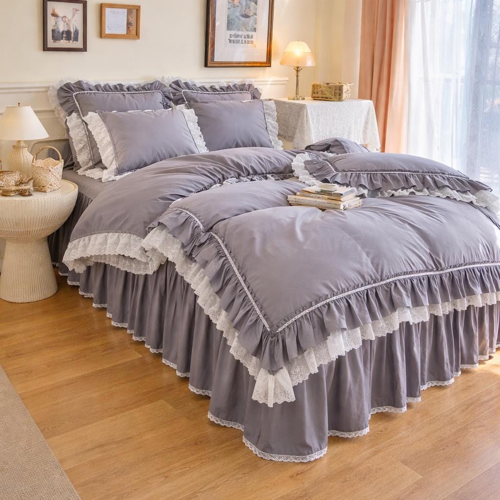 Milk White Cotton Ruffled Bedding Set, French Farmhouse Style