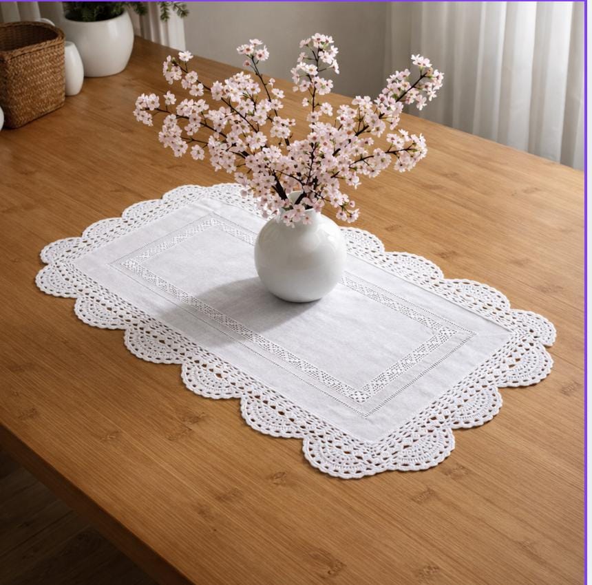 Linen Table Runner, Vintage Crochet Lace Trim, Rustic Farmhouse Decor