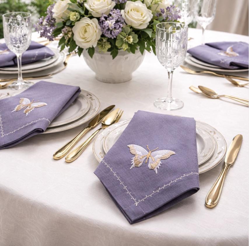 Embroidered Linen Napkins, Ivory Floral Design, French Country Decor, Set of 2