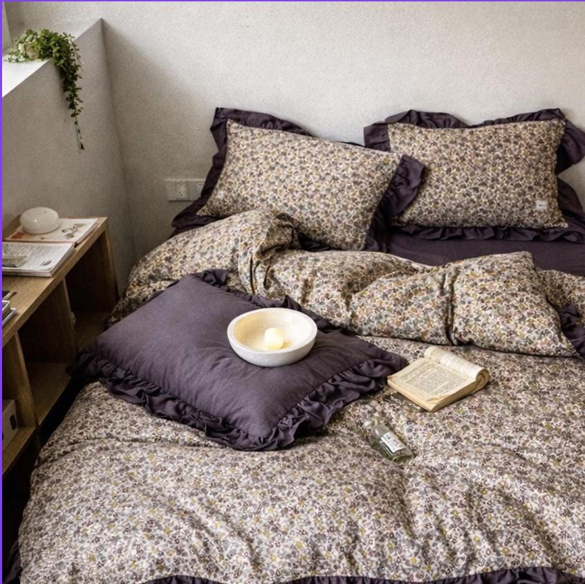 Double Gauze Muslin Ruffled Bedding set, Vintage Floral Cotton Bed Linen