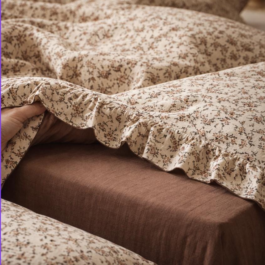 Double Gauze Muslin Ruffled Bedding set, Vintage Floral Cotton Bed Linen