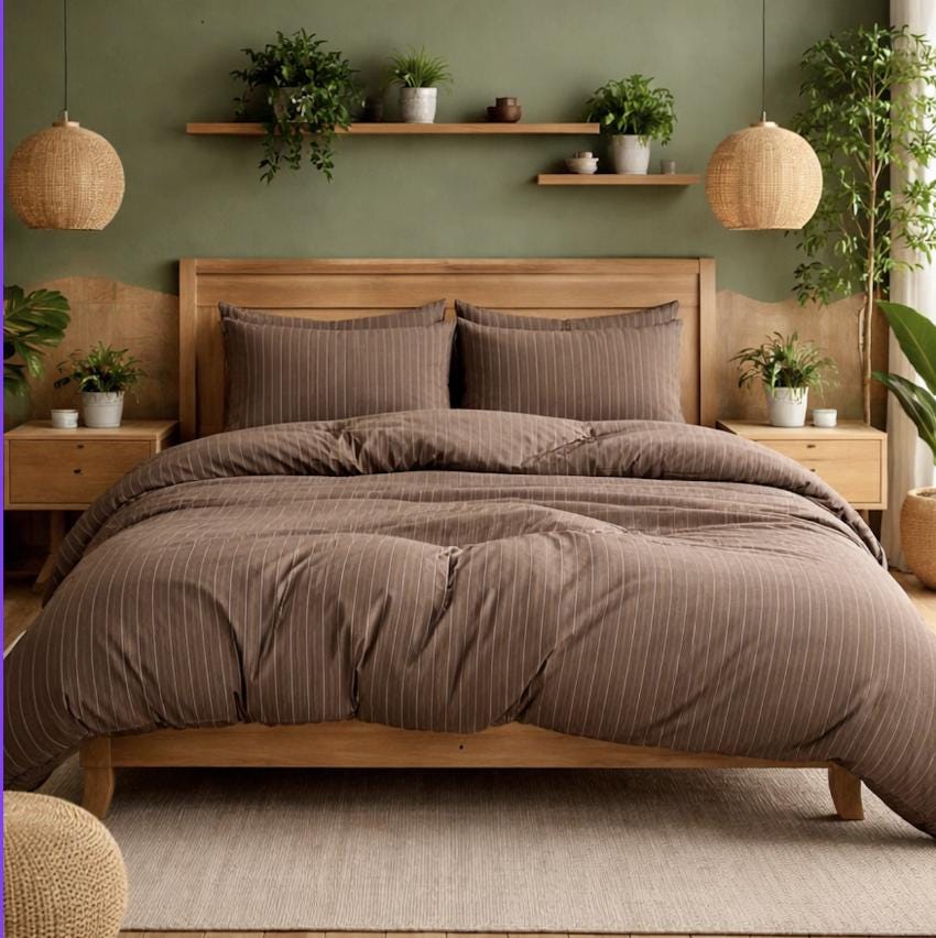 Warm Beige Striped Cotton Bedding Set/ Minimalist Pinstripe Duvet Cover Set/ Modern Neutral Bed Linen