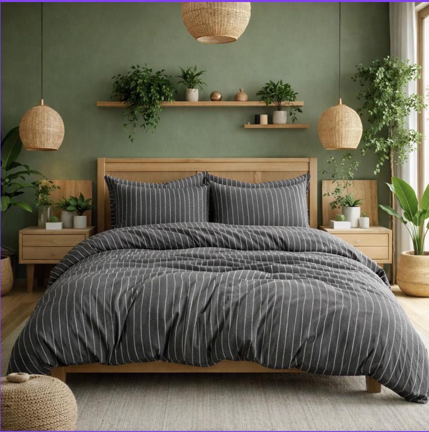 Warm Beige Striped Cotton Bedding Set/ Minimalist Pinstripe Duvet Cover Set/ Modern Neutral Bed Linen