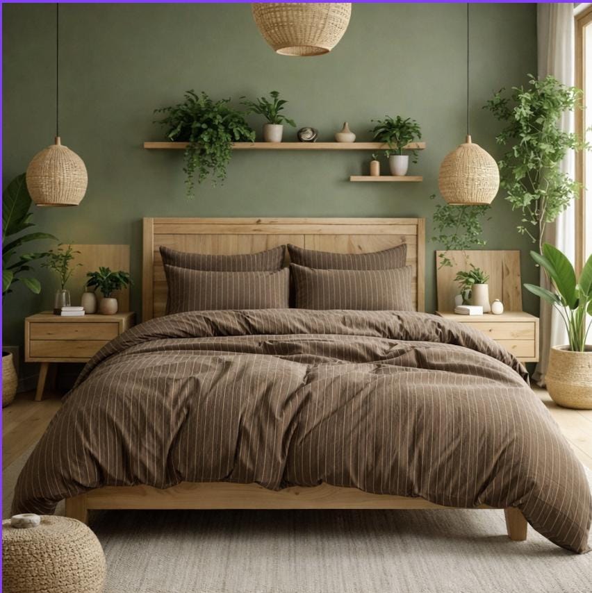 Warm Beige Striped Cotton Bedding Set/ Minimalist Pinstripe Duvet Cover Set/ Modern Neutral Bed Linen