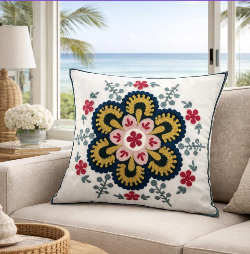 Embroidered Linen Look Pillow Cover- Botanical Cushion Case 45/45cm/Textured Neutral Decor/ Sofa Accent Pillow