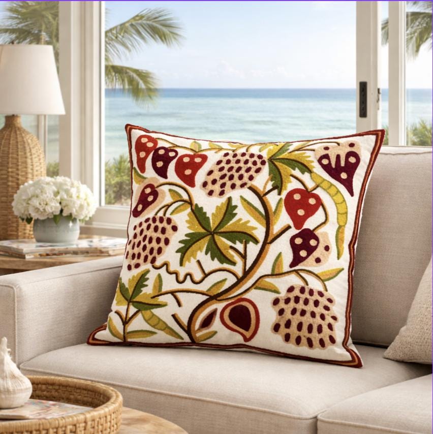 Embroidered Linen Look Pillow Cover- Botanical Cushion Case 45/45cm/Textured Neutral Decor/ Sofa Accent Pillow