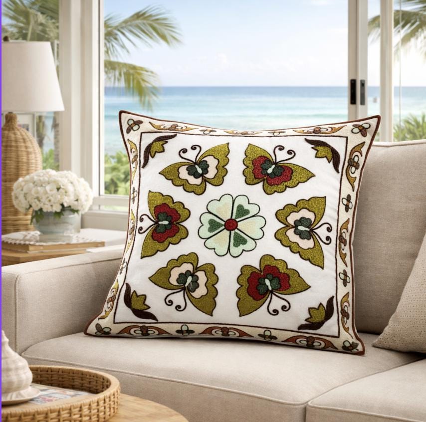 Embroidered Linen Look Pillow Cover- Botanical Cushion Case 45/45cm/Textured Neutral Decor/ Sofa Accent Pillow