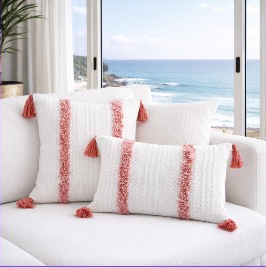 Neutral Linen Cotton Pillow Cover with Sage Green Tufted Stripes Tassels/ Textured Boho Cushion/ Modern Coastal Decor