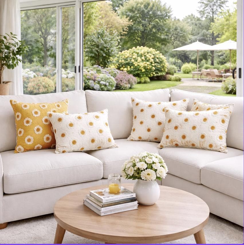 Yellow Summer Cotton Daisy Pillow Cover/ Textured Tufted Embroidery Cushion/ Floral Boho Throw Pillow
