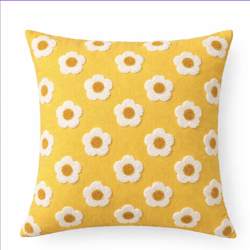 Yellow Summer Cotton Daisy Pillow Cover/ Textured Tufted Embroidery Cushion/ Floral Boho Throw Pillow
