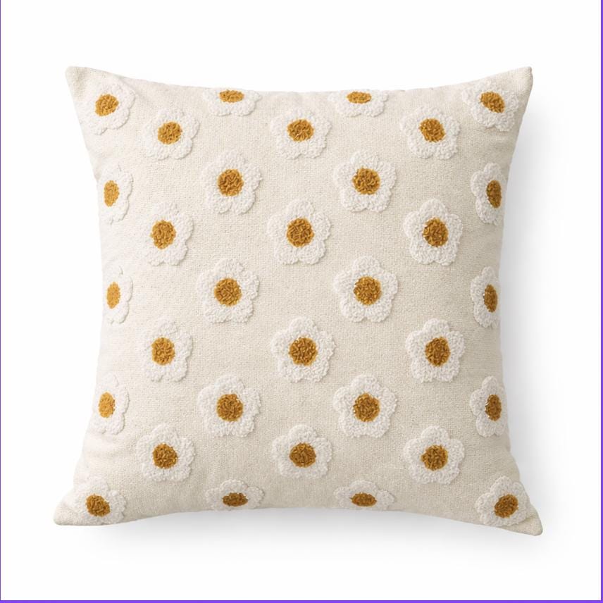 Yellow Summer Cotton Daisy Pillow Cover/ Textured Tufted Embroidery Cushion/ Floral Boho Throw Pillow