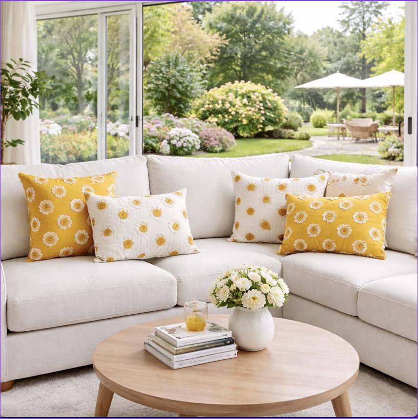 Yellow Summer Cotton Daisy Pillow Cover/ Textured Tufted Embroidery Cushion/ Floral Boho Throw Pillow